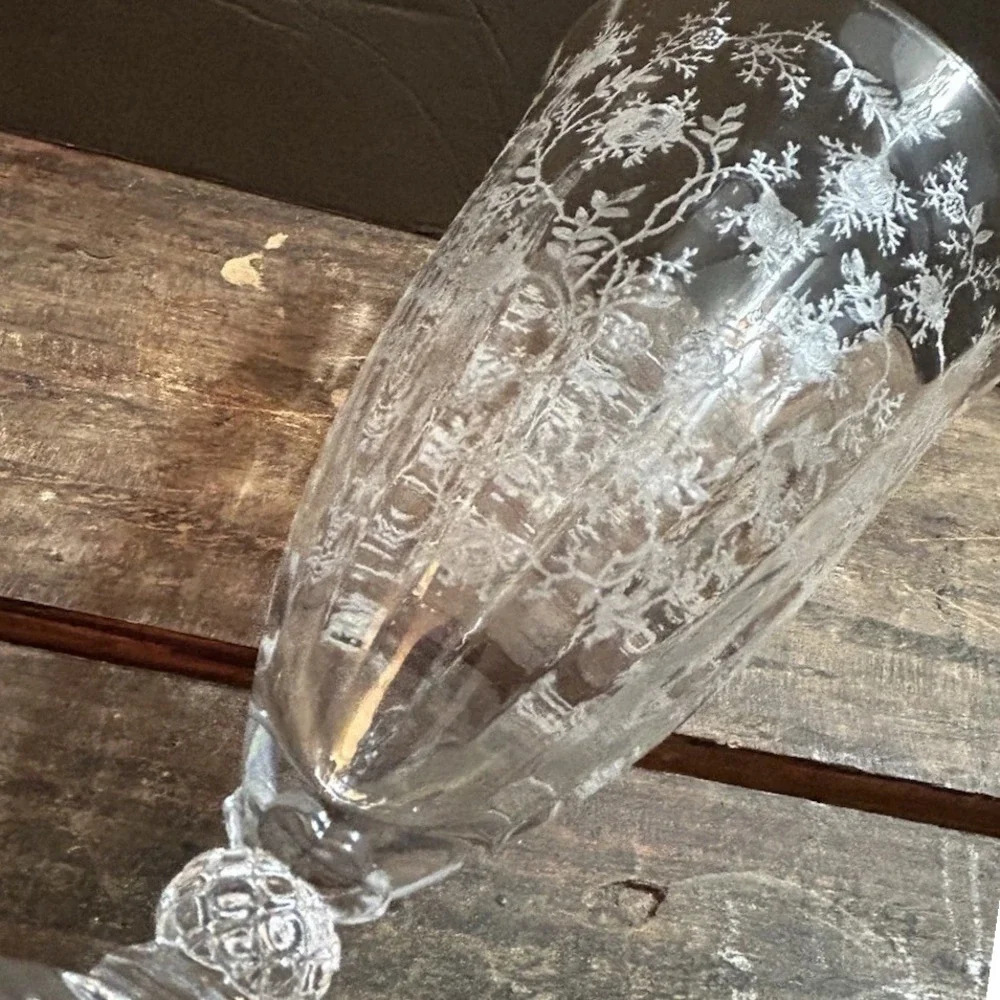 Fostoria Chintz Baroque Etched Floral Clear Glass Footed Water Goblet Stemware